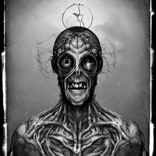 Image similar to portrait of the exiled god, polaroid photo, cosmic horror, photo realistic, lovecraft, flesh, nightmare, demon, old man, no eyes, hate, monster