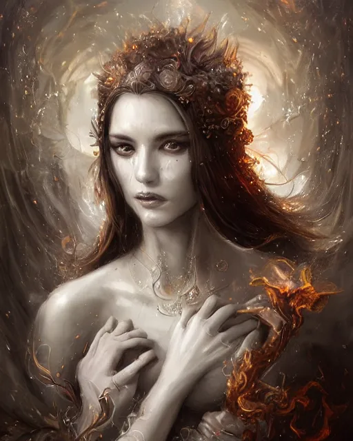 Prompt: a highly detailed portrait of beautiful pale female pyromancer radiating a majestic fiery aura, ornate silvered robes, wispy tendrils of smoke, intricate, digital painting, old english, raining, sepia, particles floating, whimsical background by marc simonetti, artwork by ramond swanland and liam wong