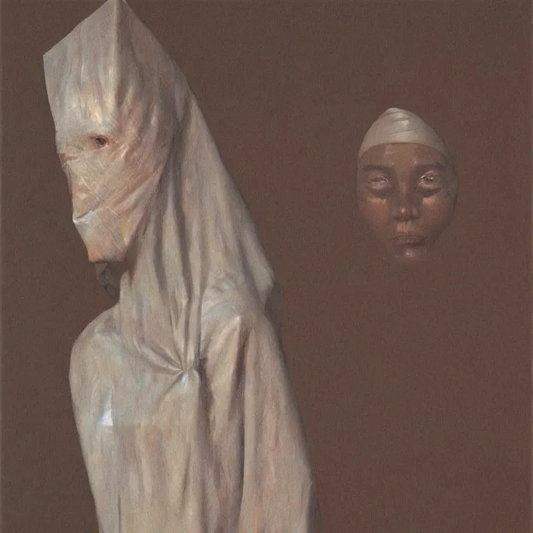 Image similar to pearl woman portrait with a paper bag over the head, highly detailed, artstation, art by zdislav beksinski, wayne barlowe, edward hopper