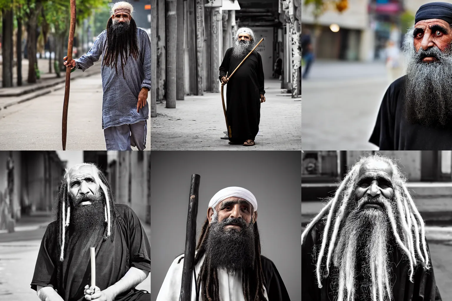 Prompt: blind bearded egyptian old man in modern city, long dreadlocks, worn black clothes holding a wodden staff, dlsr photo