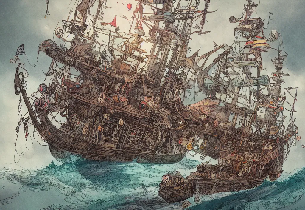 Image similar to handmade illustration of a cartoonish pirate ship, line art, ink, watercolor by Kilian Eng and by Jake Parker, winning-award masterpiece, fantastic, octane render, 8K HD Resolution, High quality image