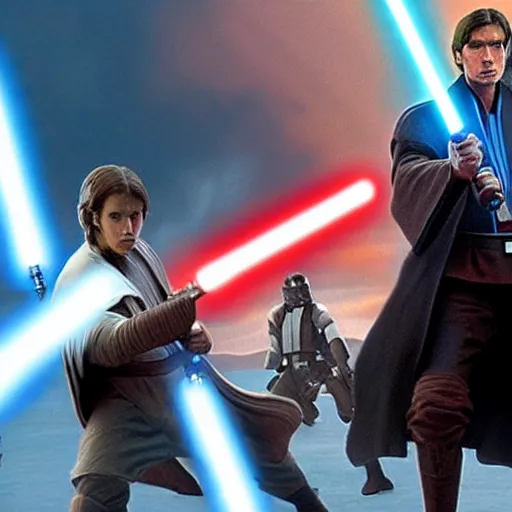 Prompt: a screen shoot of a star wars movie depicting a jedi versus sith fighting