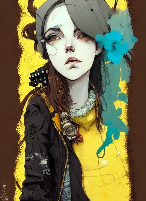 Image similar to highly detailed portrait of a moody sewerpunk young adult lady with a harris tweed holdy by greg tocchini, by krenz cushart, by brian lee o'malley, by kaethe butcher, gradient yellow, black, brown and cyan color scheme, grunge aesthetic!!! ( ( graffiti tag city background ) )