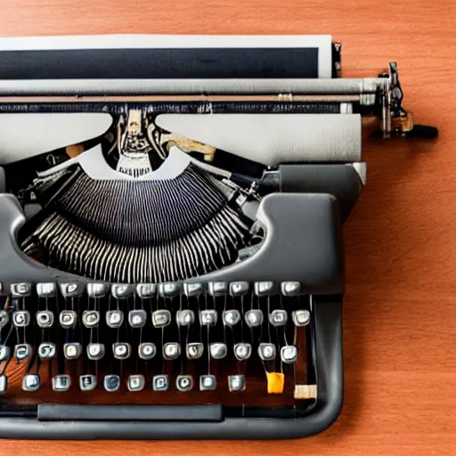 Prompt: an old fashioned typewriter with arms typing on itself