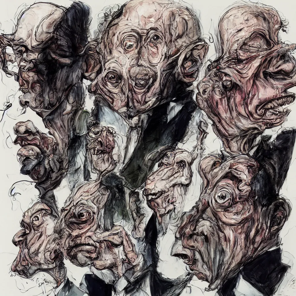 Image similar to Jacob Rothschild and george soros by Ralph Steadman, illustration, body horror, biopunk, 8k , trending on artstation