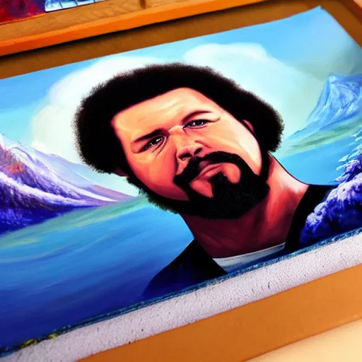 Prompt: a closeup photorealistic photograph of bob ross themed kenny powers baseball, painting on a canvas. mountains and trees. film still. brightly lit scene. this 4 k hd image is trending on artstation, featured on behance, well - rendered, extra crisp, features intricate detail, epic composition and the style of unreal engine.