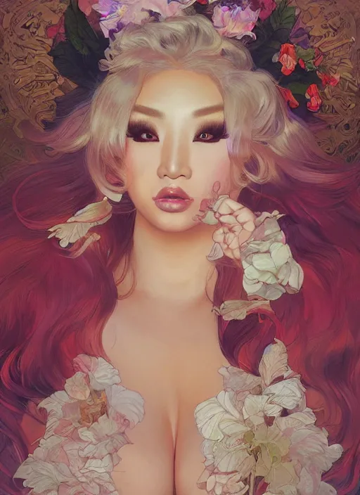 Image similar to kim chi, drag queen, painting by artgerm and greg rutkowski and alphonse mucha