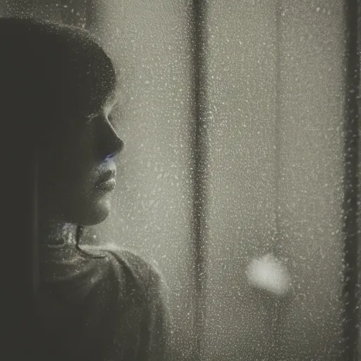 Prompt: analog photograph portrait of a beautiful woman looking out the window, heavy rainfall, depressed, greyscale, film grain, depth of field, bokeh