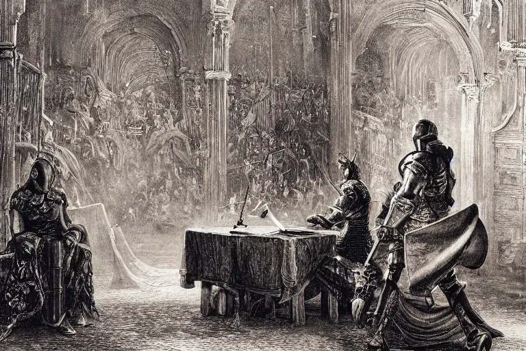 Prompt: highly detailed picture of open book on the table, the knight emerges from the open page of the book, the knight emerges from the open page of the book, don quixote, cinematic romantic magical masterpiece, by gene wolfe, highly detailed painting by gustave dore