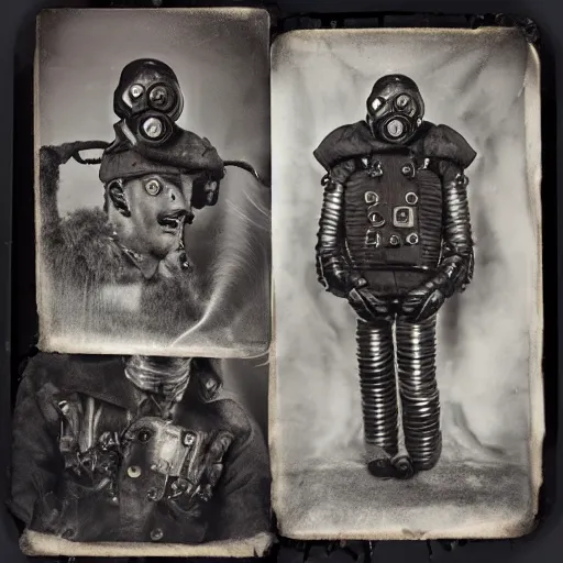 Image similar to tintype photographs of techno shamans, telepaths, dieselpunk cyborgs, masked heroes, irradiated humans, mystic mutates and monster hunters