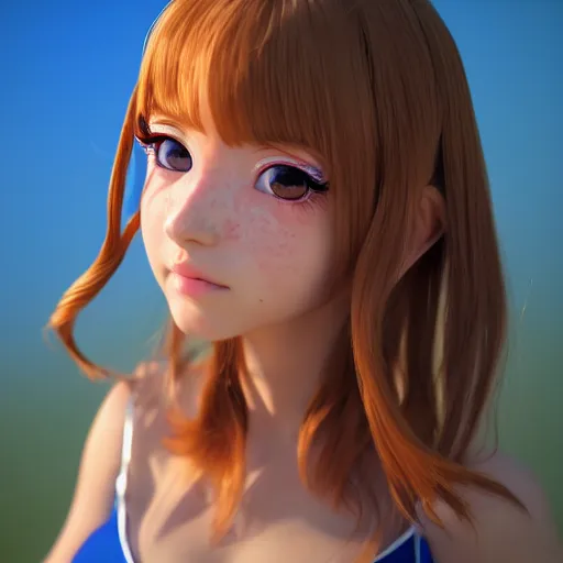 Image similar to Render of a very beautiful 3d anime girl, long hair, hazel eyes, cute freckles, full round face, short smile, cute sundress, golden hour, blue background, medium shot, mid-shot, highly detailed, trending on Artstation, Unreal Engine 4k