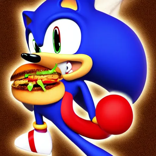 Image similar to fast sonic the hedgehog eating a hamburger, drawn by artgerm