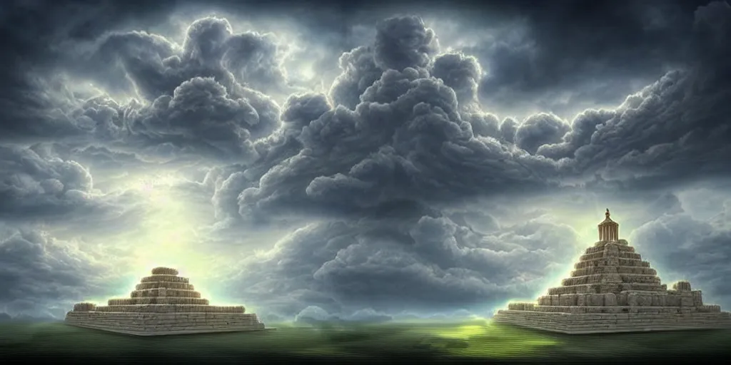 Image similar to hidden imagery floating temple in the sky incredible digital art optical illusion, superb detailed clouds shaped like the second temple in jerusalem, awe inspiring, masterpiece surrealism, digital art trending on artstation awesome award winning