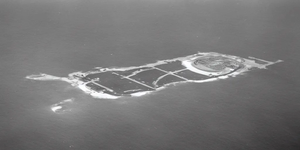 Image similar to aerial view of sunken airport at the bottom of the ocean. submerged airport. in the style of Caspar David Friedric.