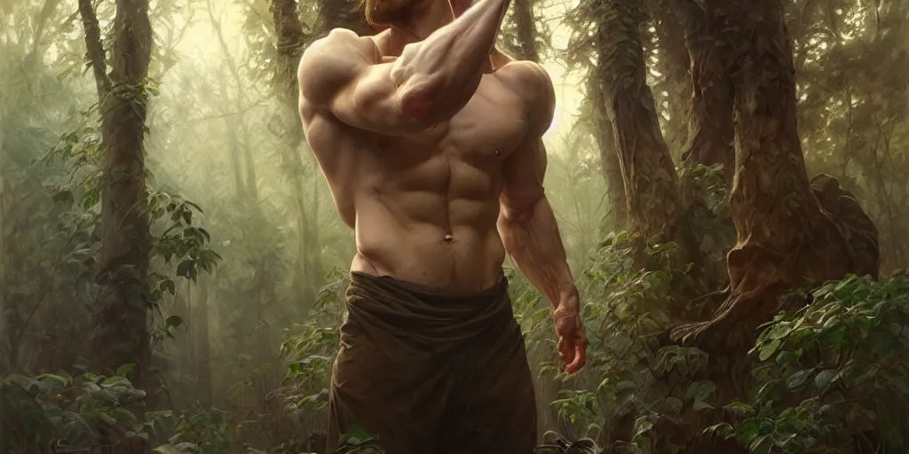 Image similar to caucasian man in park of forest gog, male, clear face, masculine, upper body, muscular, fantasy, intricate, elegant, highly detailed, digital painting, artstation, concept art, matte, sharp focus, illustration, art by artgerm and greg rutkowski and alphonse mucha