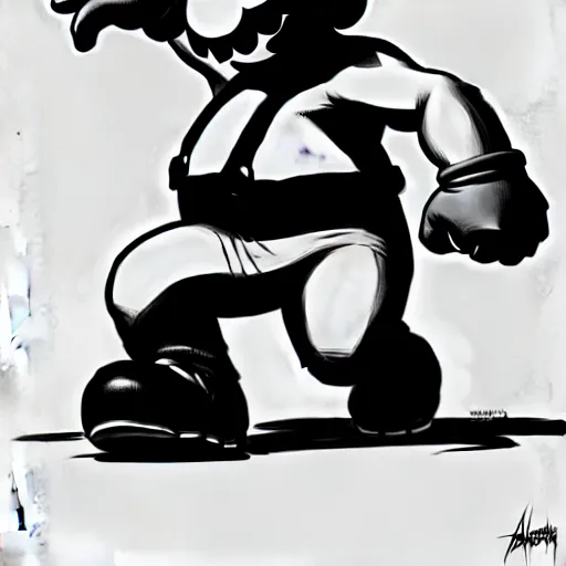 Image similar to mario stomping on a goomba, line art black and white, art by artgerm and greg rutkowski and alphonse mucha