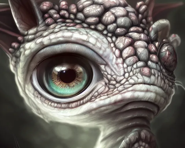 Prompt: digital painting of beautiful cute little baby dragon with huge eyes, long eyelashes staring into the camera, intricate, detailed, fractals, rendered in blender, octane, artstation, grg rutkowski, muchas, artgerm