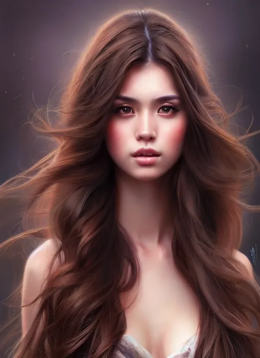 Image similar to a gorgeous female with long brown hair in the style of stefan kostic, realistic, full body shot, wide angle, sharp focus, 8 k high definition, insanely detailed, intricate, elegant, art by stanley lau and artgerm, floating embers