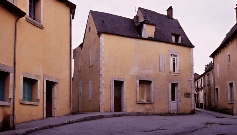 Image similar to 1 9 6 0 s movie still of a burning french style townhouse in a small french village, cinestill 8 0 0 t 3 5 mm technicolor, high quality, heavy grain, high detail, texture, dramatic light, ultra wide lens, panoramic anamorphic, hyperrealistic