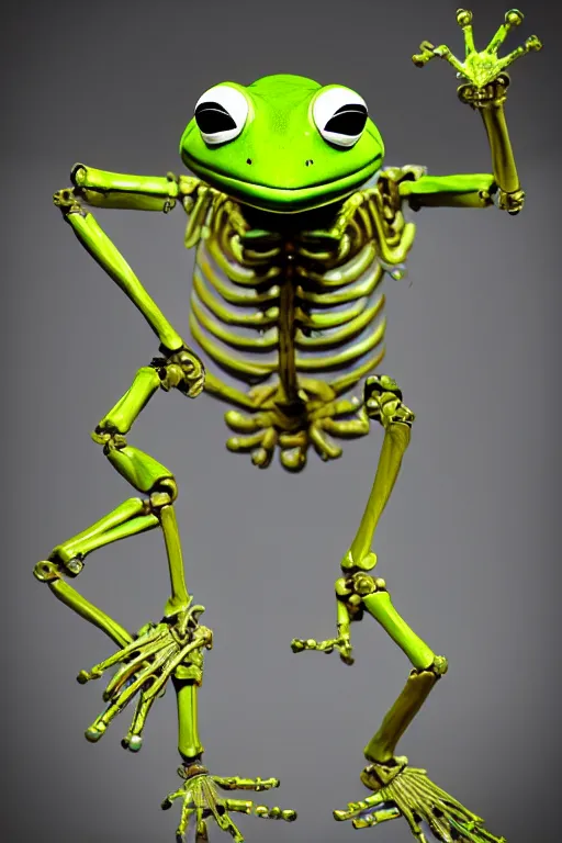 Image similar to movie poster of kermit the terminator, chromatic humanoid skeleton frog skeleton hybrid, robot, ultra realistic, cinematic lighting hd photography,