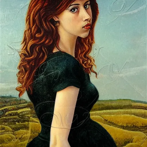 Image similar to a detailed side view portrait oil painting of a very young italian woman resembling scarlett johansson and ana de armas, by sandro boticelli, in the style of boticelli's young woman in mythological guise