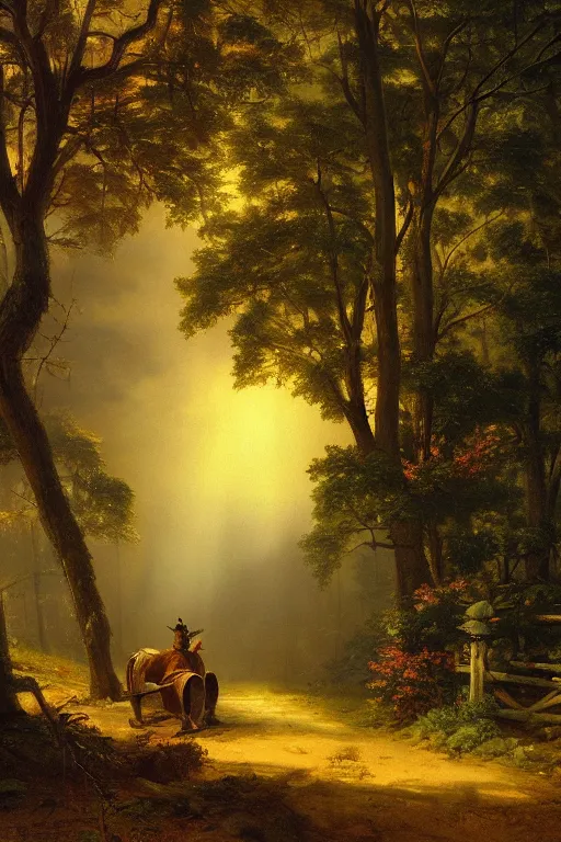 Image similar to asher brown durand oil painting on canvas of over the garden wall background concept art, scenery, woods, extreme detail, dark and mysterious lighting