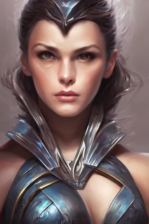 Prompt: three quarters portrait pose of a beautiful woman, strong body,super heroine costume,super powers, fantasy, intricate, elegant, highly detailed, digital painting, artstation, concept art,shining, sharp focus, illustration, art by Stanley Lau