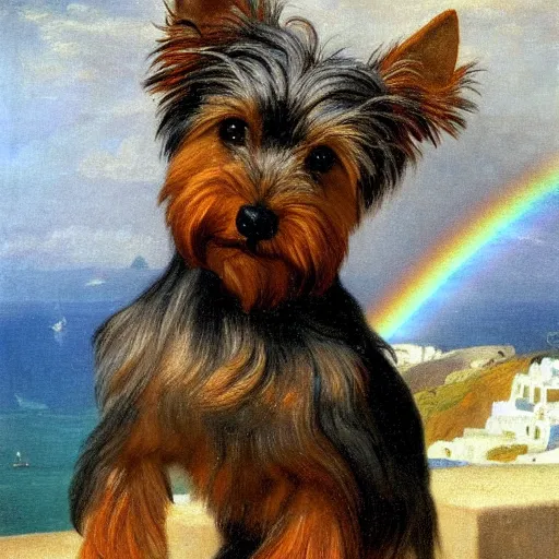 Prompt: a gray and brown Yorkshire Terrier under a rainbow in Santorini by Michael Sowa, head and shoulders portrait, golden hour, extremely detailed masterpiece, oil on canvas, by J. C. Leyendecker and Peter Paul Rubens and Edward Hopper and Michael Sowa,