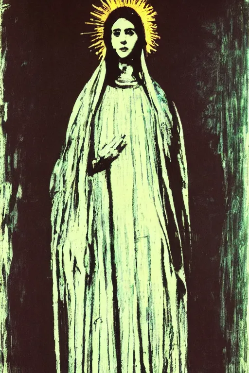 Prompt: virgin mary of lourdes painted by cy twombly and andy warhol