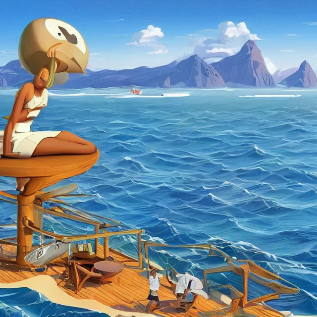 Image similar to a remote island research station in the middle of the ocean, rhads!!!, magical realism, urban fantasy, saturday morning cartoon, clean linework, ( alexander archipenko ), ( tex avery ), western animation