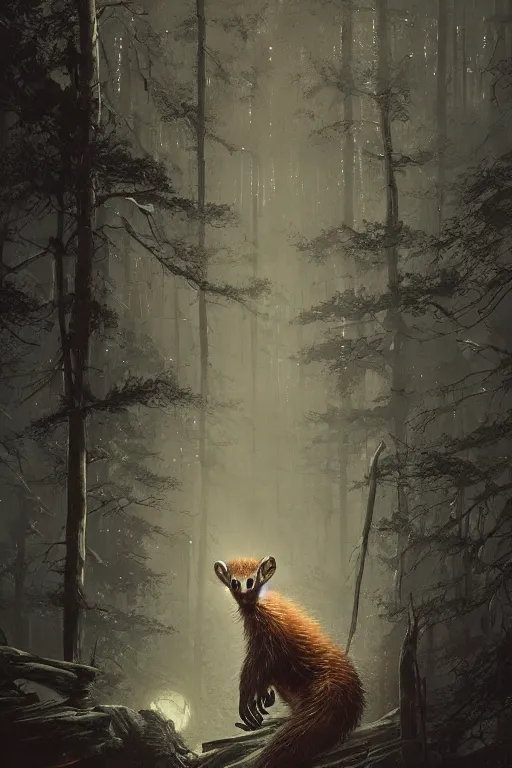 Prompt: anthropomorphic humanoid crouching pine marten monster in a dark moonlit forest, horror, highly detailed, crouching humanoid, human-like, whole body, by Greg Rutkowski, trending on artstation, 4k