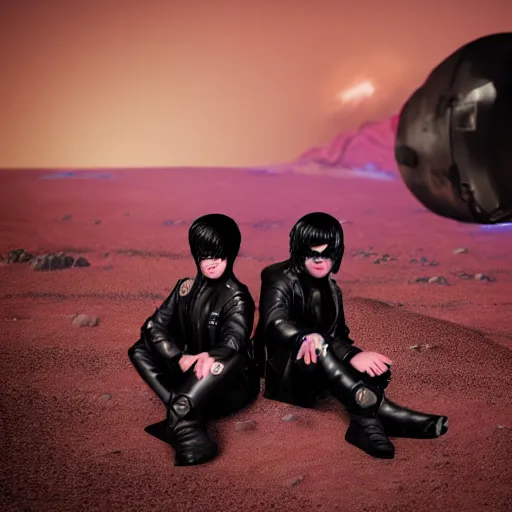 Prompt: photo of an two overweight depressed teenagers with emo haircuts wearing gothy purple and black latex suits, sitting next to smashed burning spacecraft wreckage, on the orange surface of mars, Trending on artstation, octane render, cinematic lighting, hyper realism, photorealistic, octane render, 8k, depth of field, 3D