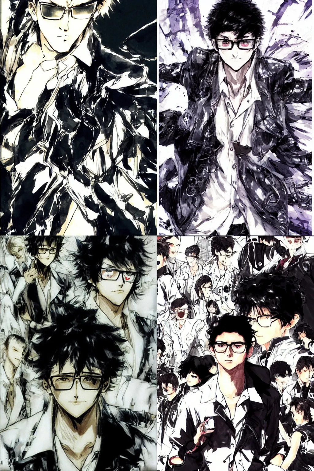 Prompt: black-haired teenager with short curly hair, wearing glasses and a white shirt with a black jacket, he is chipper and excited. drawn by Yoji Shinkawa. character design