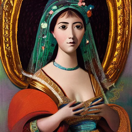 Image similar to “a painting of a beautiful female figure adorned with a dress created by calligraphic flourishes, ambient occlusion, ultra detailed, soft facial features, geometric array of shapes fading into the background, shallow depth of field, bokeh, gradient subtle shadows, monochromatic color scheme, pops of color, pastel tones, hd”