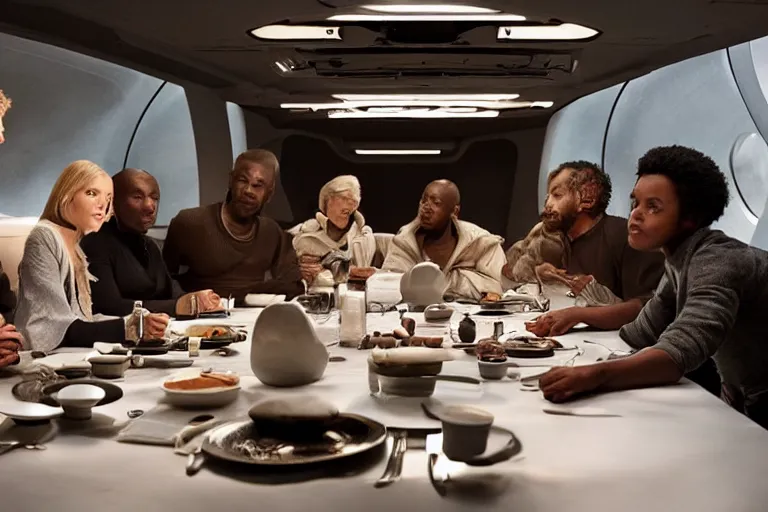 Image similar to movie diverse interracial team of European sci-fi futuristic space explorers talking at the table in a spaceship, beautiful skin, Symmetrical faces. Beautiful lighting by Emmanuel Lubezki