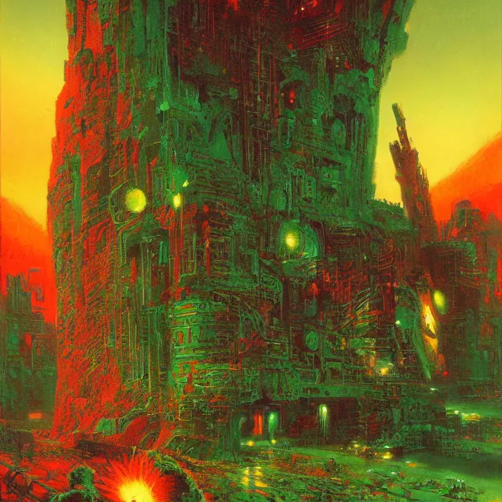 Image similar to gargantuan disappointment of flaky souls, red and green palette, by ( h. r. giger ) and paul lehr