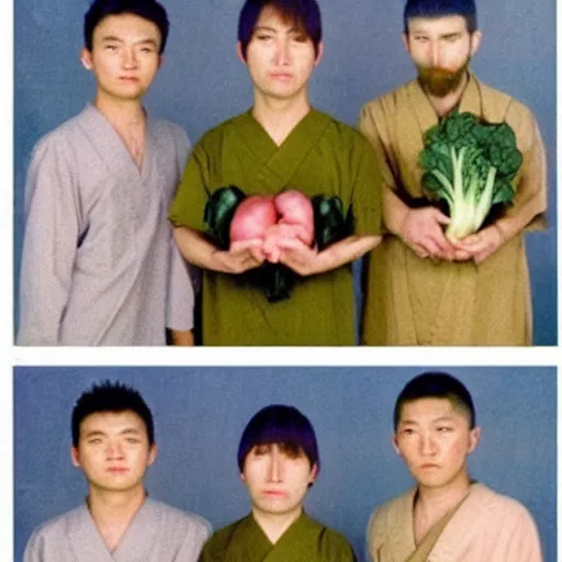 Prompt: secret full color photos form the year 1 9 9 9 of a cult in japan. everyone must not wear pants, they must wear shirts, all their hair is shaved off the side but very long on top. small beards are ok. you must carry a large vegetable in each hand at all times.