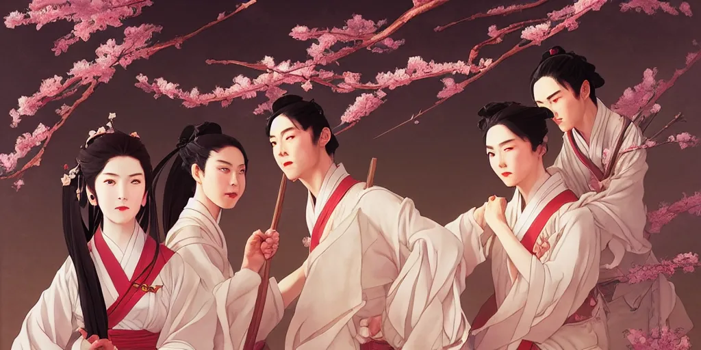 Image similar to wuxia, cherry blossom, in the style of studio ghibli, j. c. leyendecker, greg rutkowski, artem