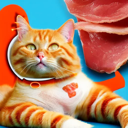 Image similar to orange tabby cat fighting an anthropomorphic humanoid bacon strip, anthropomorphic humanoid bacon strip fighting tabby, realistic