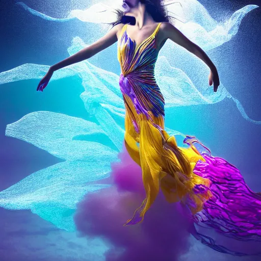 Image similar to masterpiece artwork of beautiful modern woman dancing underwater wearing a flowing dress made of blue, magenta, and yellow seaweed, delicate coral sea bottom, swirling silver fish, swirling smoke shapes, octane render, caustics lighting from above, cinematic, hyperdetailed