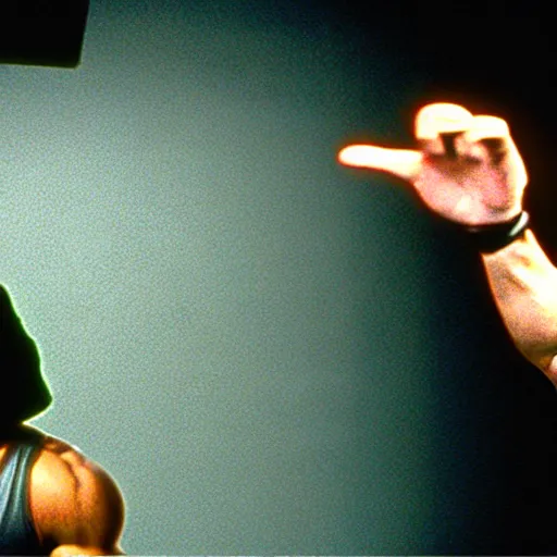 Prompt: will smith slapping a wall with his giant hand. training montage, movie still, cinematic lighting, 3 5 mm film.