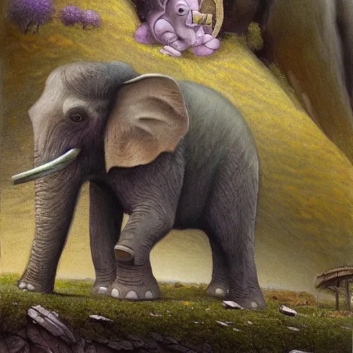 Image similar to purple elephant running stuck in a cave entrance because it is too small, close up camera angle, raining, mountain behind meadow, menacing, illustration, detailed, smooth, soft, cold, by Adolf Lachman, Shaun Tan, Surrealism