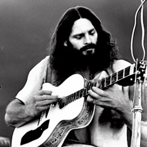 Image similar to Concert footage of Jesus playing guitar at Woodstock