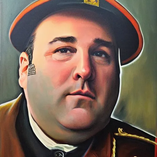 Prompt: James Gandolfini wearing 1700's military unifrom, oil painting, horse in background, high detail