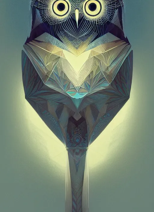 Image similar to portrait of a geometric owl, identical eyes, medium shot, illustration, full body made of white feathers, symmetrical, art stand, super detailed, cinematic lighting, and its detailed and intricate, gorgeous, by peter mohrbacher