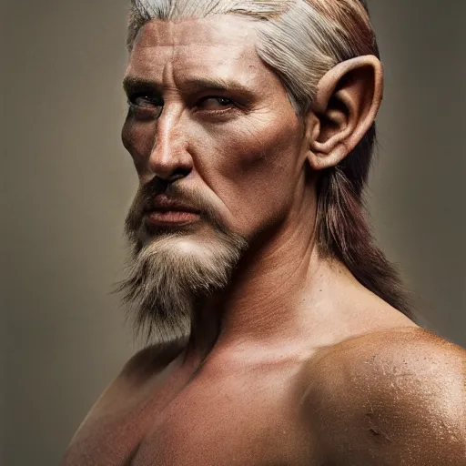 Image similar to 8K Photography from a Male muscled short haired Elven King , goatee, by Jimmy Nelson