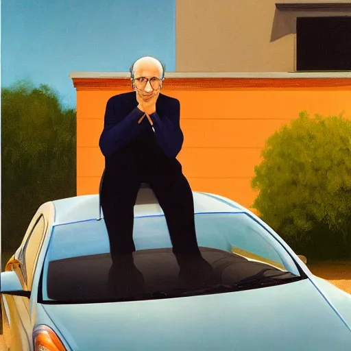 Image similar to larry david sitting on roof of 2009 prius, edward hopper painting