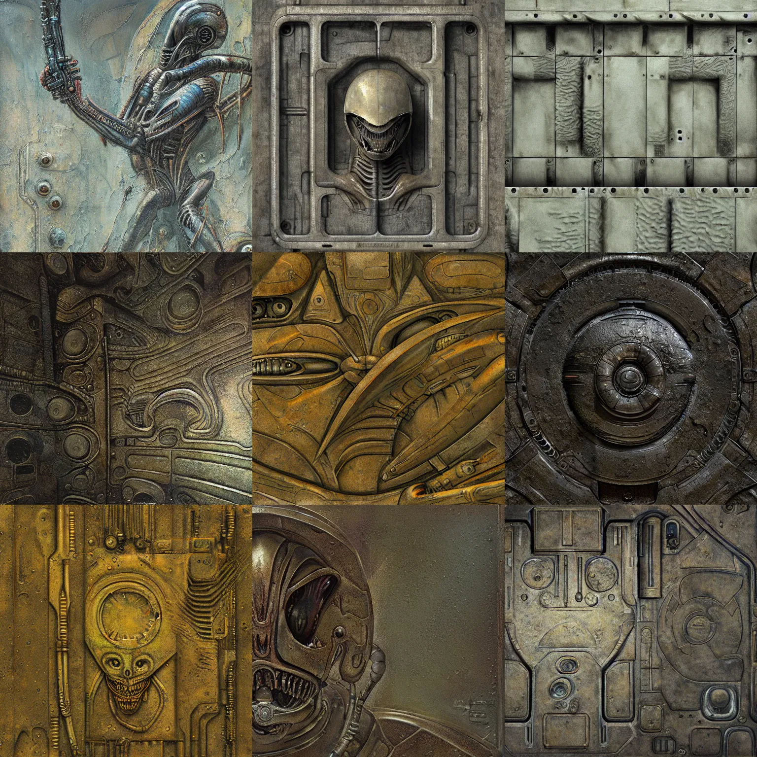 Prompt: scifi, giger, alien, flat panels, diffuse texture, dull flaking paint, bright metal wall seamless game texture, by dean cornwell, nc wyeth, painterly, 4 k, textures. com, high resolution