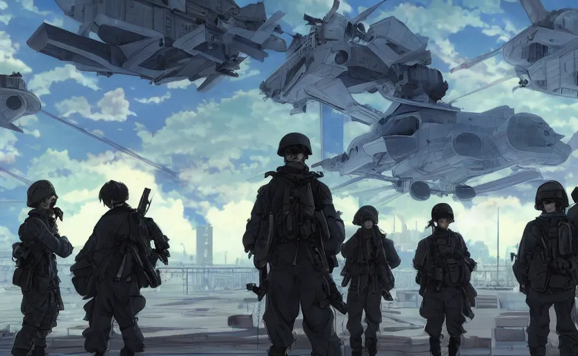 Image similar to anime style, modern warfare, panoramic view, searchlights in background, soldier clothing, hair down, real faces, symmetrical facial features, from arknights, hyper realistic, wallpaper, detailed drawing, trending pixiv, safebooru, volumetric lights, think in 3 d, by alphonse mucha, greg rutkowski, sharp focus, backlit, mechanized transport