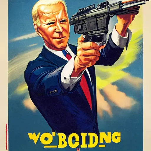 Image similar to propaganda poster of joe biden pointing gun directly at camera in james bond movie, closeup of gun, visible barrel and grip by j. c. leyendecker, bosch, lisa frank, jon mcnaughton, and beksinski